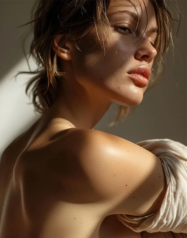 Close-up of a woman's upper body and head. The woman's light brown hair is styled in a somewhat tousled, short cut, falling around her face and neck. Her skin is a light tan, and appears smooth and glowing under the soft, natural light. Highlights and shadows on her face and body create depth and texture in the image. Her expression is neutral, and her lips are a light, natural pink. The background is a neutral, light beige color. A light tan cloth drapes over one of her shoulders and arm. The image focuses on the beauty and texture of the subject's skin and the natural light. - Dermal Fillers in Tampa, Melbourne and St. Petersburg, FL