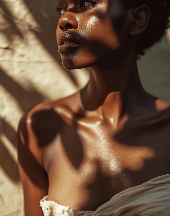 A close-up of a dark brown-skinned woman with short hair, wearing a loose cream-colored top. Sunlight filters through leaves, casting delicate shadows across her smooth skin. She looks off to the side with a calm, pensive expression. The soft beige background complements the natural, serene mood. - Profile Balancing in Tampa, Melbourne and St. Petersburg, FL