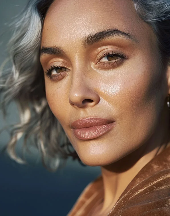 Close-up of a woman's face and upper torso. The woman has light grayish-silver curly hair that frames her face. Her skin is light brown with a luminous, healthy glow. She has a light makeup application, with a subtle highlighting on her cheeks and a light brown lipstick. Her eyes are a light brown color. A part of a medium-brown velvet or velveteen jacket or top is visible at the right edge. The background is a muted teal/blue-gray hue. The lighting is soft and highlights the woman's features, suggesting an outdoor or well-lit studio setting. - Upper Eyelid Surgery in Tampa, Melbourne and St. Petersburg, FL